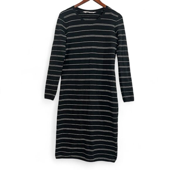 Athleta Sweater Dress Womens Medium Below Knee Striped Long Sleeve Black White - Picture 1 of 11